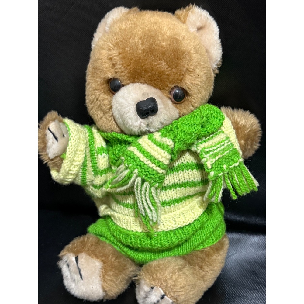 Vintage Dakin Teddy Bear Plush Brown Green Striped Sweater Scarf Knit Outfit